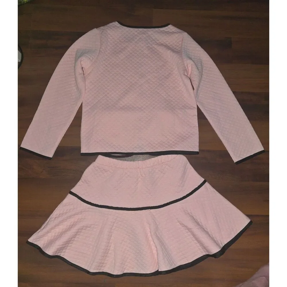 Richie House Girls 9/10 Pink Quilted Jacket Skirt 2 Piece Set Black Bows